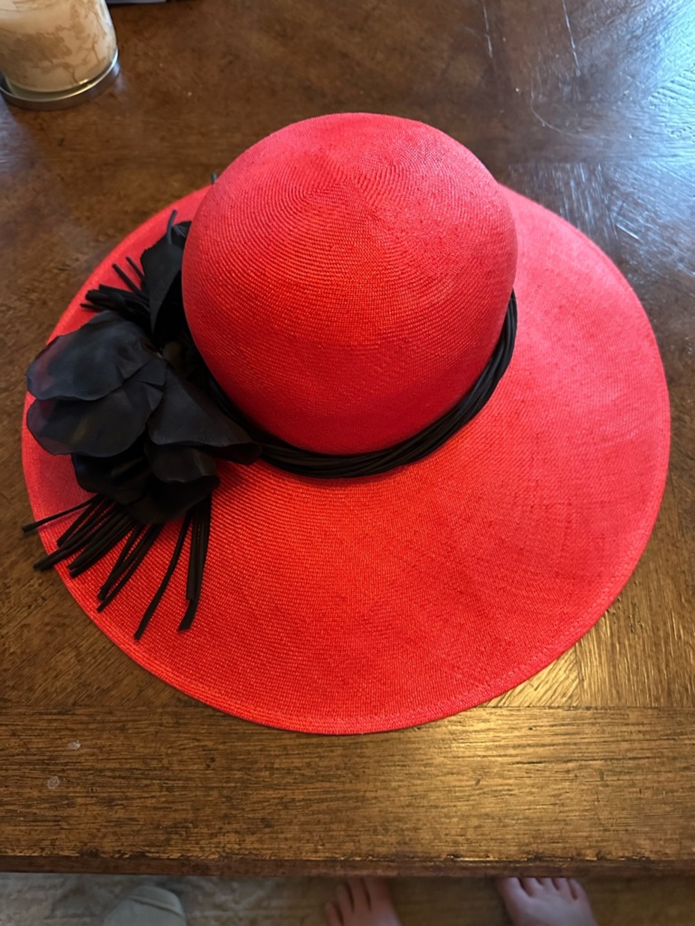 Red Wide-Brim Hat with Black Floral Accent - Picture 5 of 5
